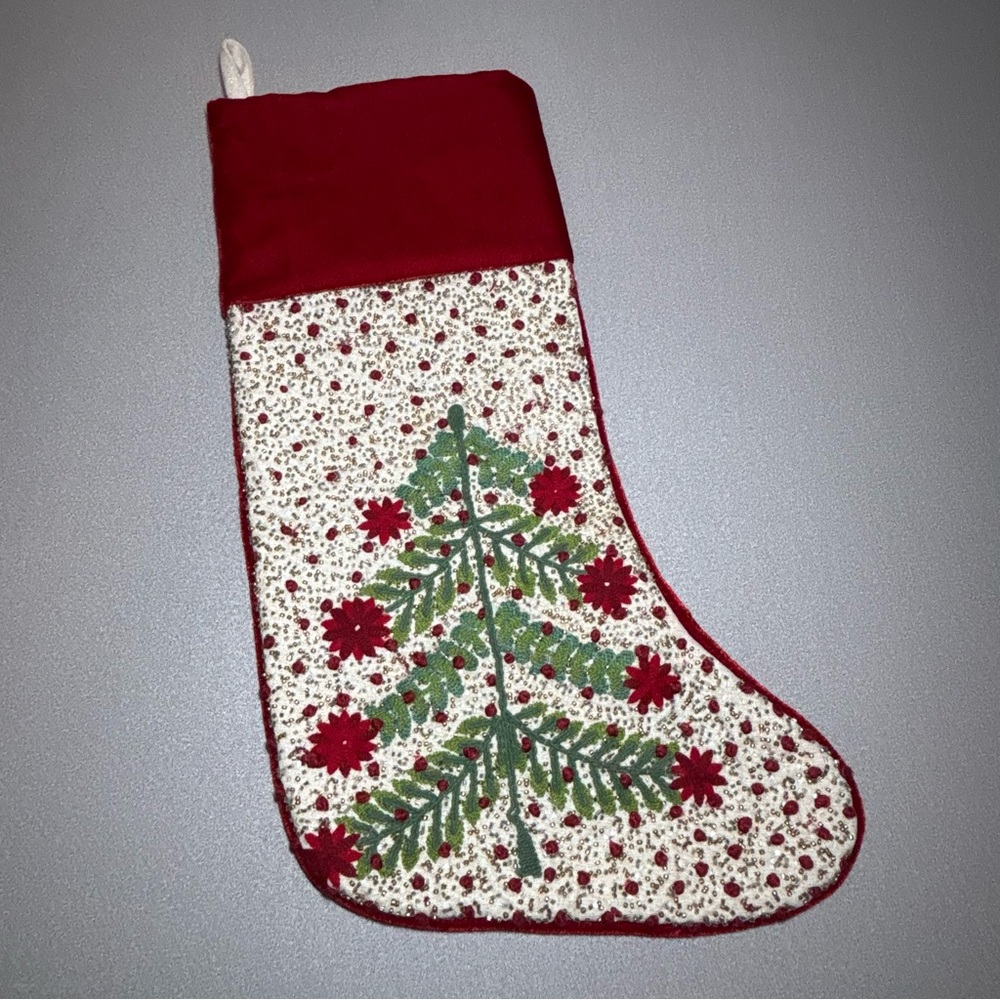 Christian Lacroix Red Gold Christmas Stocking Beaded Tree Velvet 8”x22”